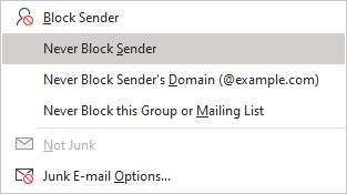 Outlook Junk Mail Sub-Menu